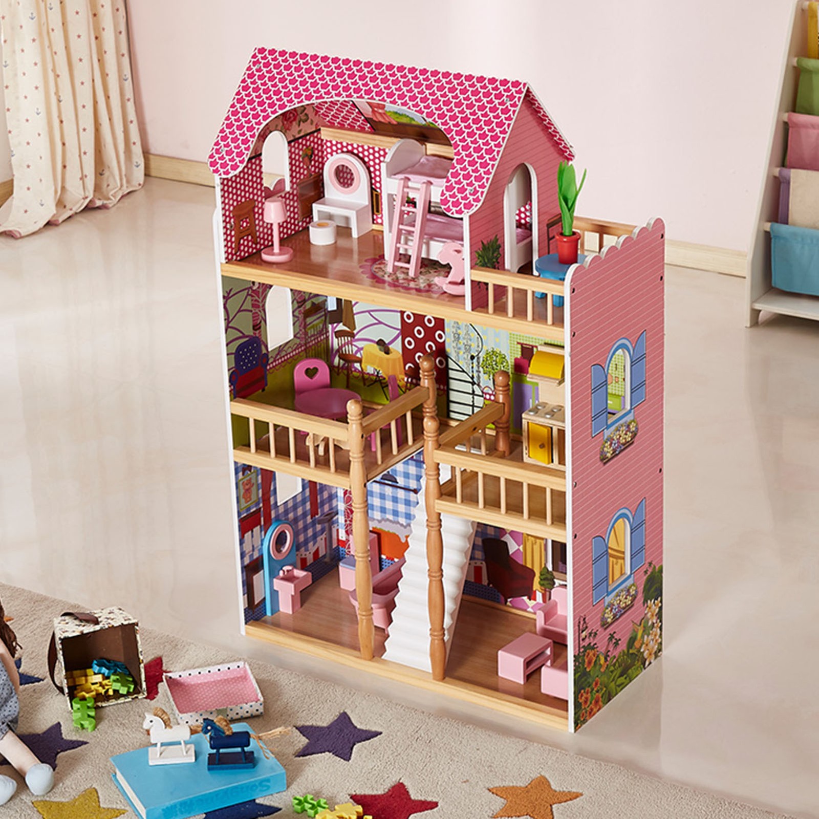 3-Storey Wooden Dolls House for Kids, Dollhouse with Simulated Luxury Furniture