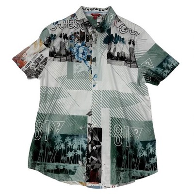 Guess Men's Graphic Collage Print Short Sleeve Button Up Shirt M