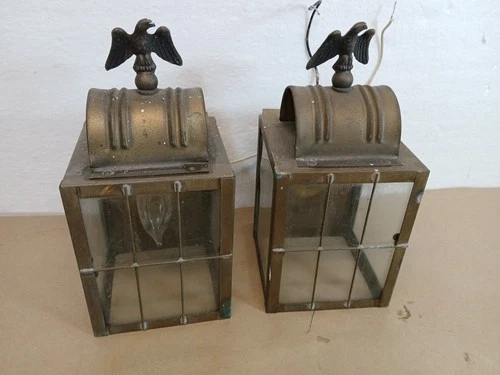 2  Vintage Solid Brass Eagle Wall Lantern Porch Light Colonial Federal Patina