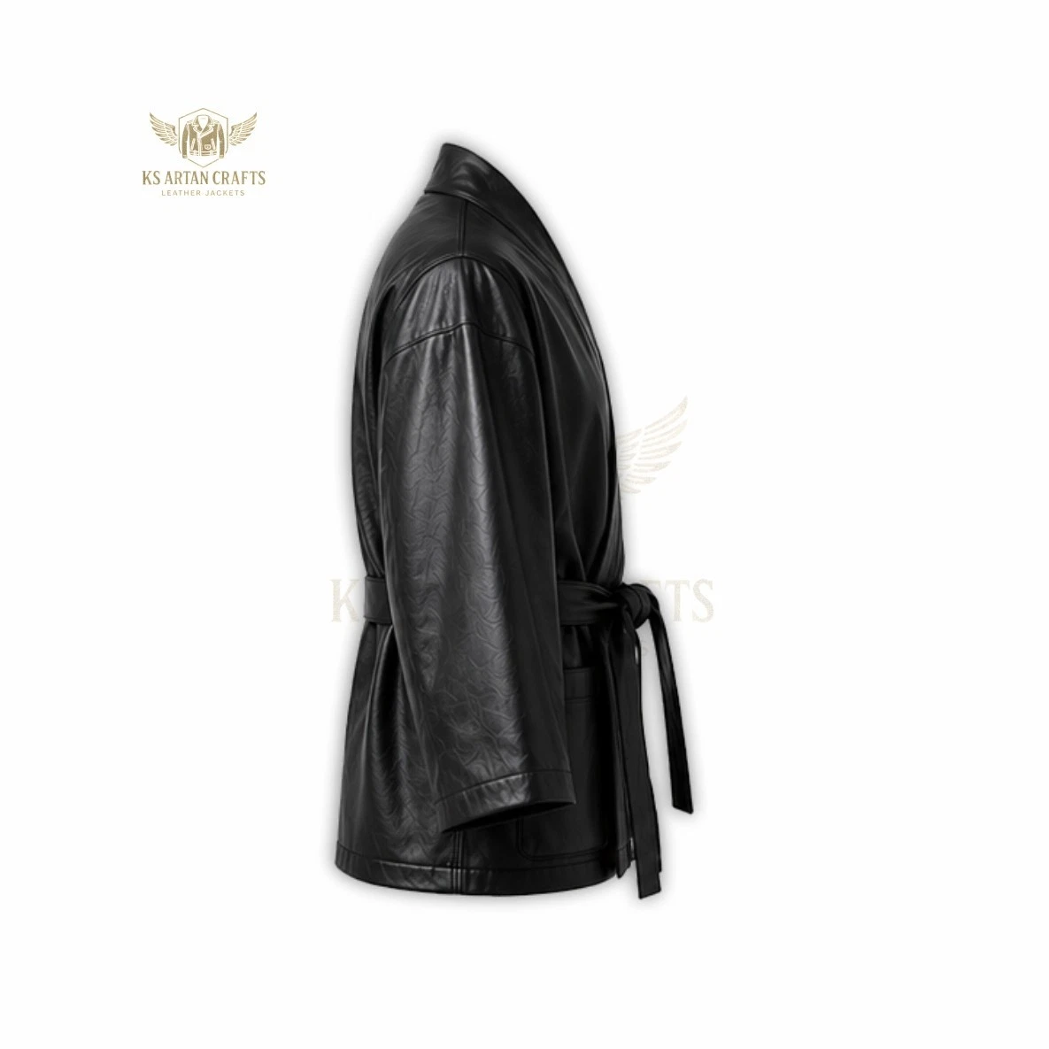 Leather Kimono Jacket Belted Wrap Coat Robe Style Jacket Long Sleeve Outerwear - product detail image 6