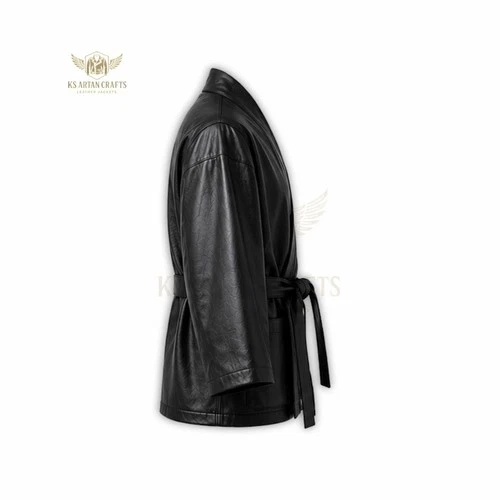 Leather Kimono Jacket Belted Wrap Coat Robe Style Jacket Long Sleeve Outerwear image 6