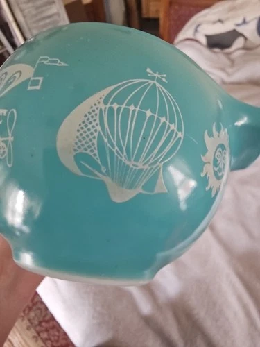 Vintage 1958 Pyrex #441 Balloons Hot Air Balloon Cinderella Dip Bowl 1.5 PT Turq