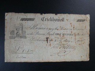 EARLY DATE 1818 CRICKHOWELL (WALES) WHITE PROVINCIAL ONE GUINEA BANKNOTE VG