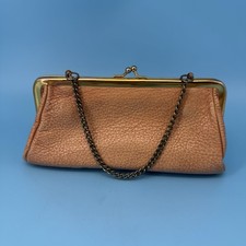 Vintage Tan Clutch Handbag Pebbled Leather Purse Gold Tone Kiss Lock