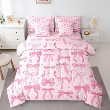 Pink Bowknot Decoration 7 Piece Bedding Set Queen Size for Girls Adults Water...
