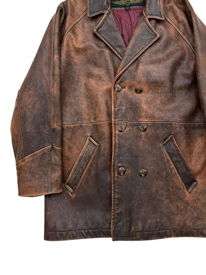 VTG Structure Brown Distressed Leather Peacoat Jacket Men's M - Fits L/XL - Read - Image 3 of 4