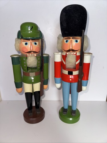 2 VTG ERZGEBIRGE Original German Nutcracker Soldier Rare Green Forester Wooden