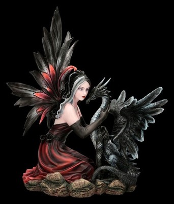Elfen Figur mit Drache - Dragon's Whisper - Gothic Feen Deko Statue - H 40 cm