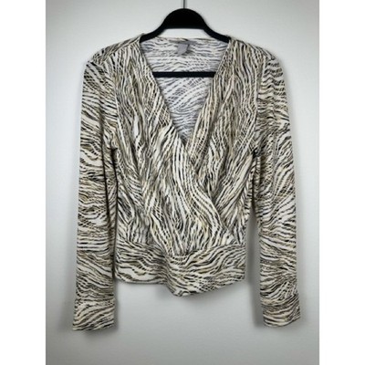 H&M Zebra Print Faux Wrap Long Sleeve Stretch Top XS Cream Black
