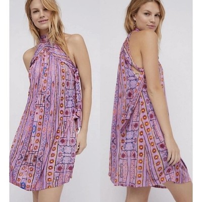 Free People Dress Women L Cheek To Cheek Mini Purple Boho Floral Printed Halter