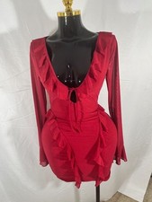 Shein Red Ruffle Bodycon Mini Dress with Sheer Sleeves - M