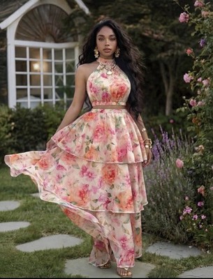 & Other Stories Damen Maxikleid lang Neckholder Blumenmuster ärmellos Stufenrock