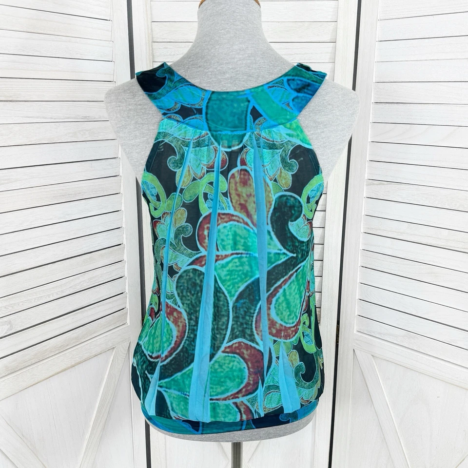 Lipstick Tank Top Womens Medium Teal Blue Paisley Stamp Died Pleated Y2K Blousey - Image 4 of 4