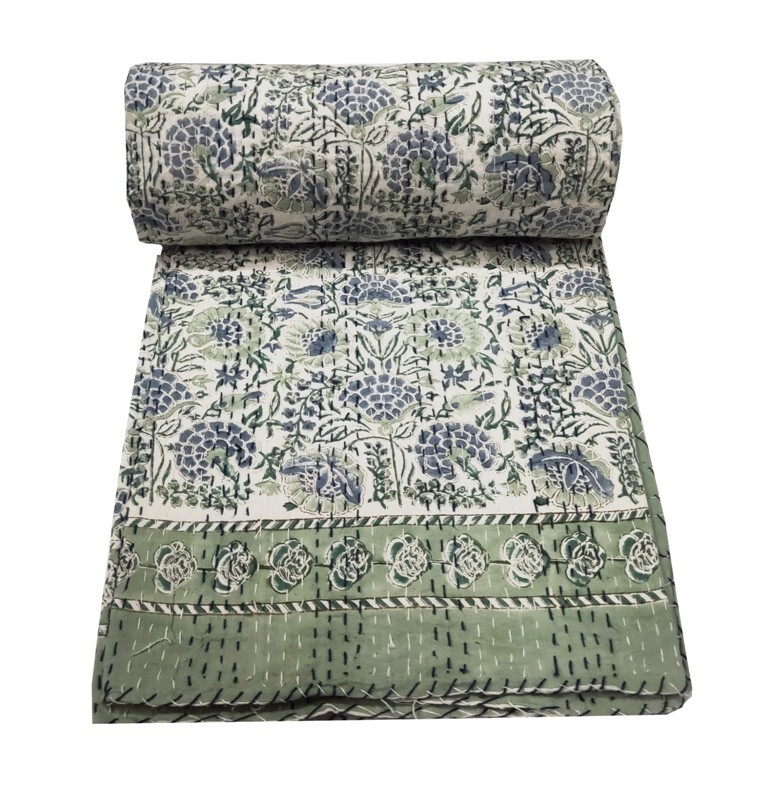 Indian Hand Block Floral Kantha Quilt,Blanket Cotton Floral Size Bedspread Throw