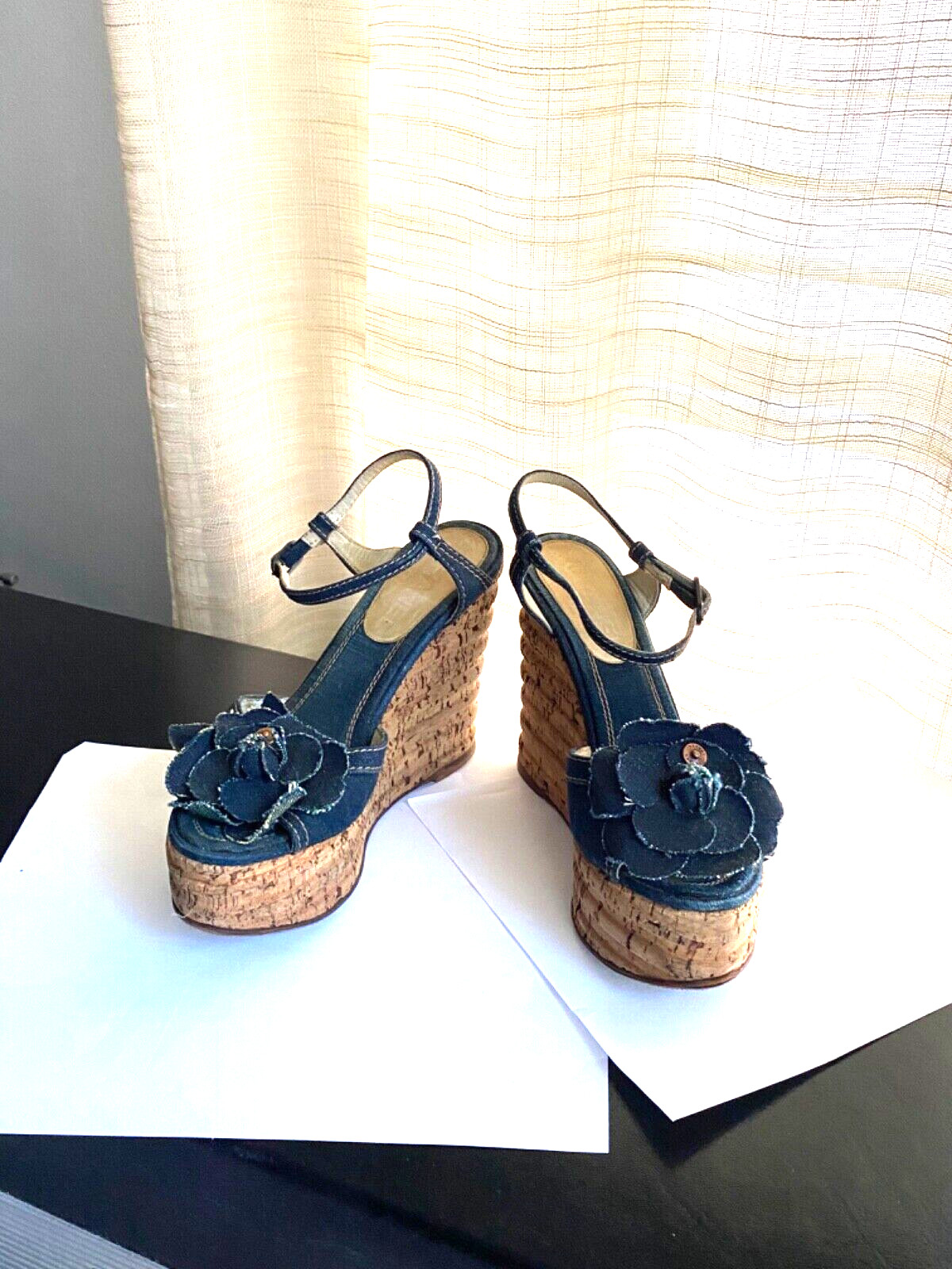 Chanel blue denim cork wedges heels platforms Camellia blue