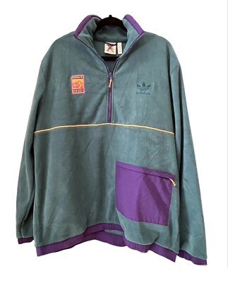 ADIDAS Mens Fleece Pullover Large 1/4 Zip Jacket Teal Green Purple Orange 