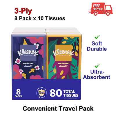 On-The-Go Facial Tissues, 8 Pk, 10 Tissues Per Box, 3-Ply, Absorbent, Ultra Soft