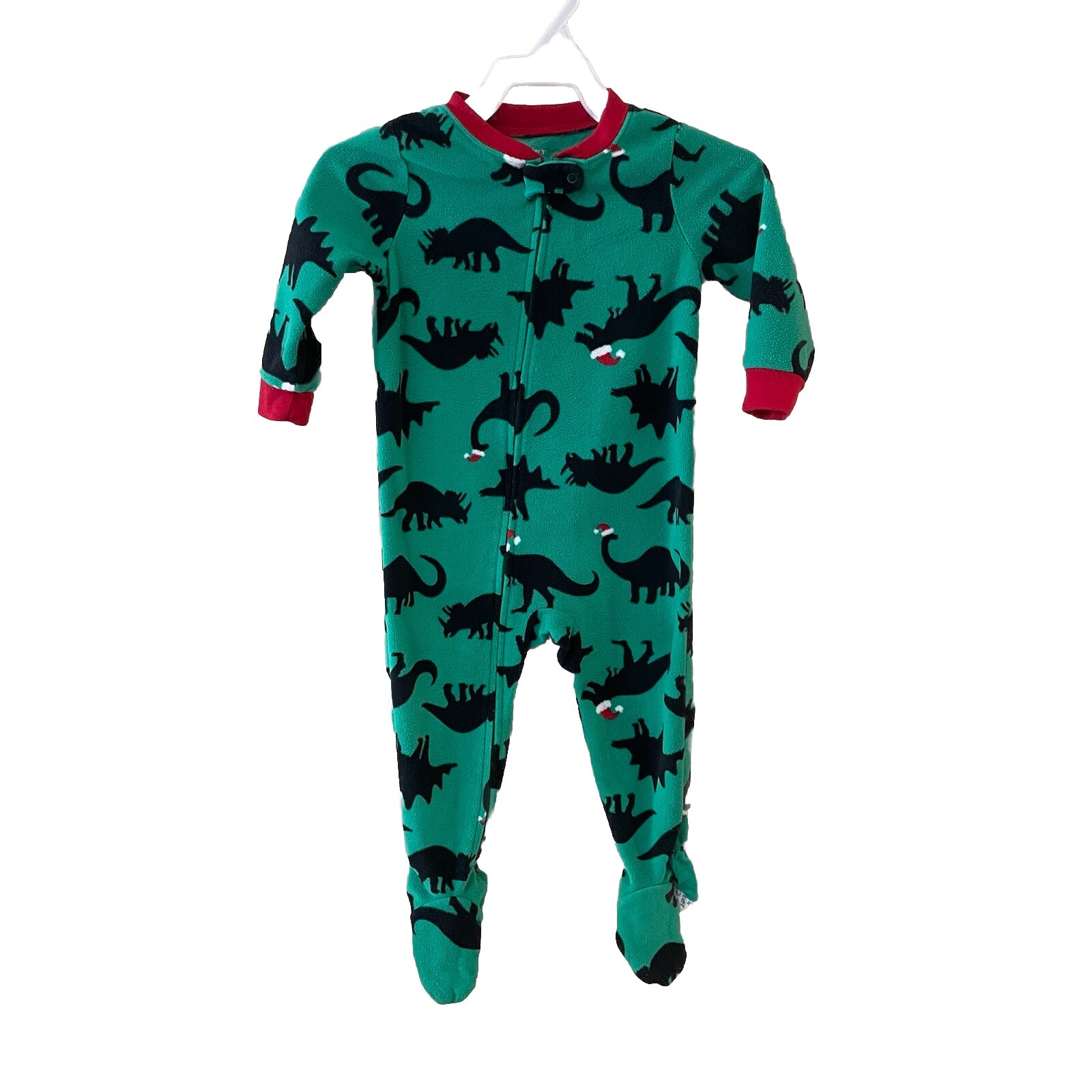 Boy’s Long Sleeve Footed Pajamas Green Dinosaur with Red Santa Hat Carter’s 18M