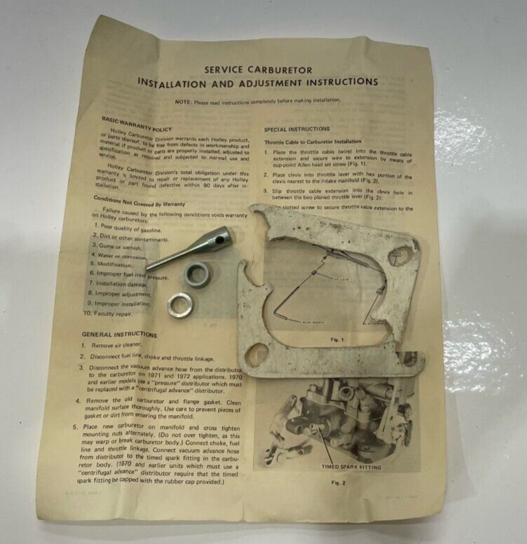 Vintage Holley Service Carburetor Installation & Adjustment Instruction Manual