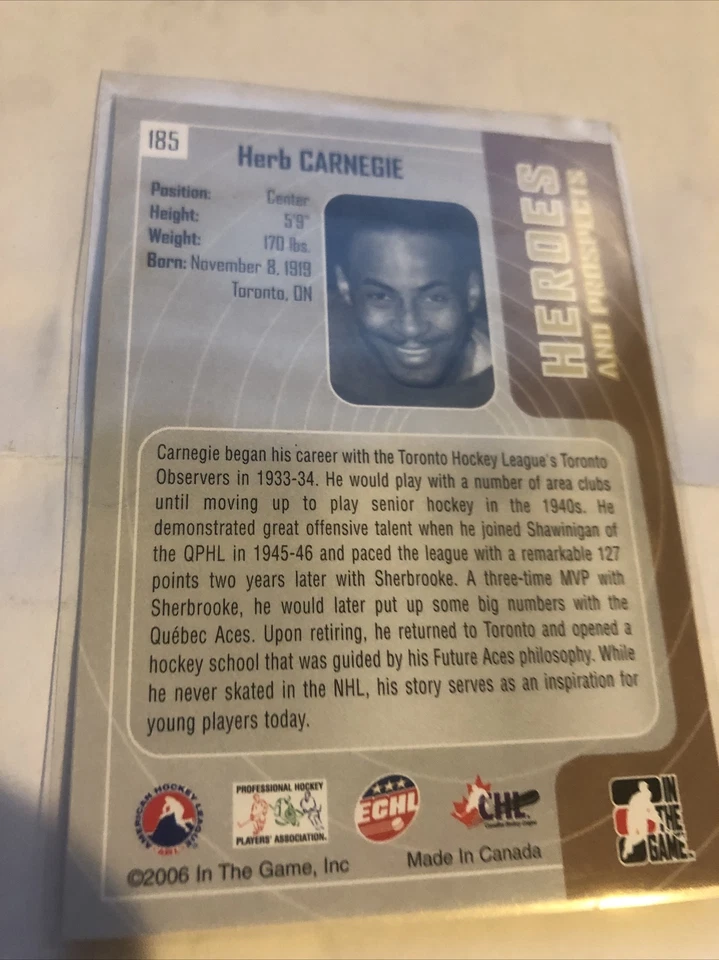 2005-06 ITG Heroes and Prospects Herb Carnegie #185 PACK FRESH RARE LEGEND! - Image 2 of 2