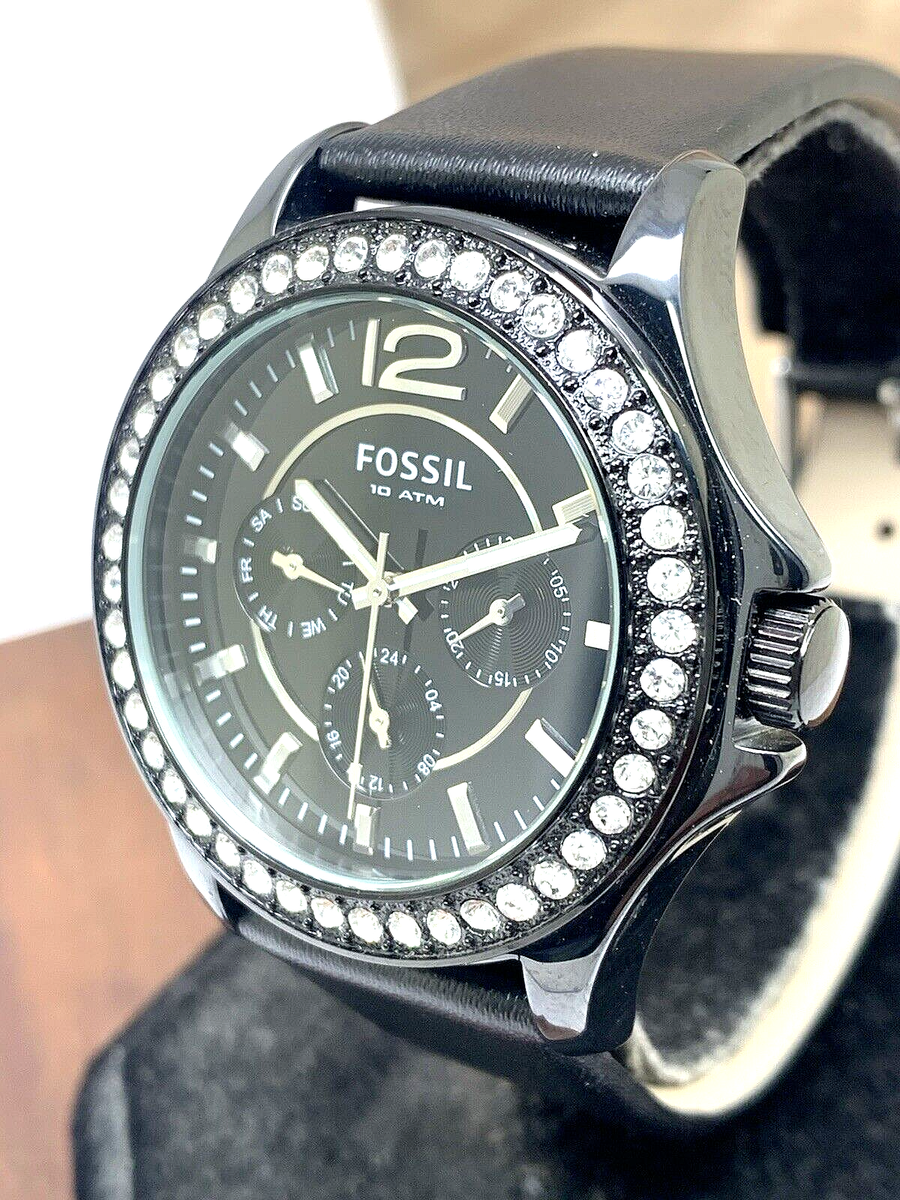 Fossil Women's Watch CE1011 Riley Black Ceramic Case Leather Band