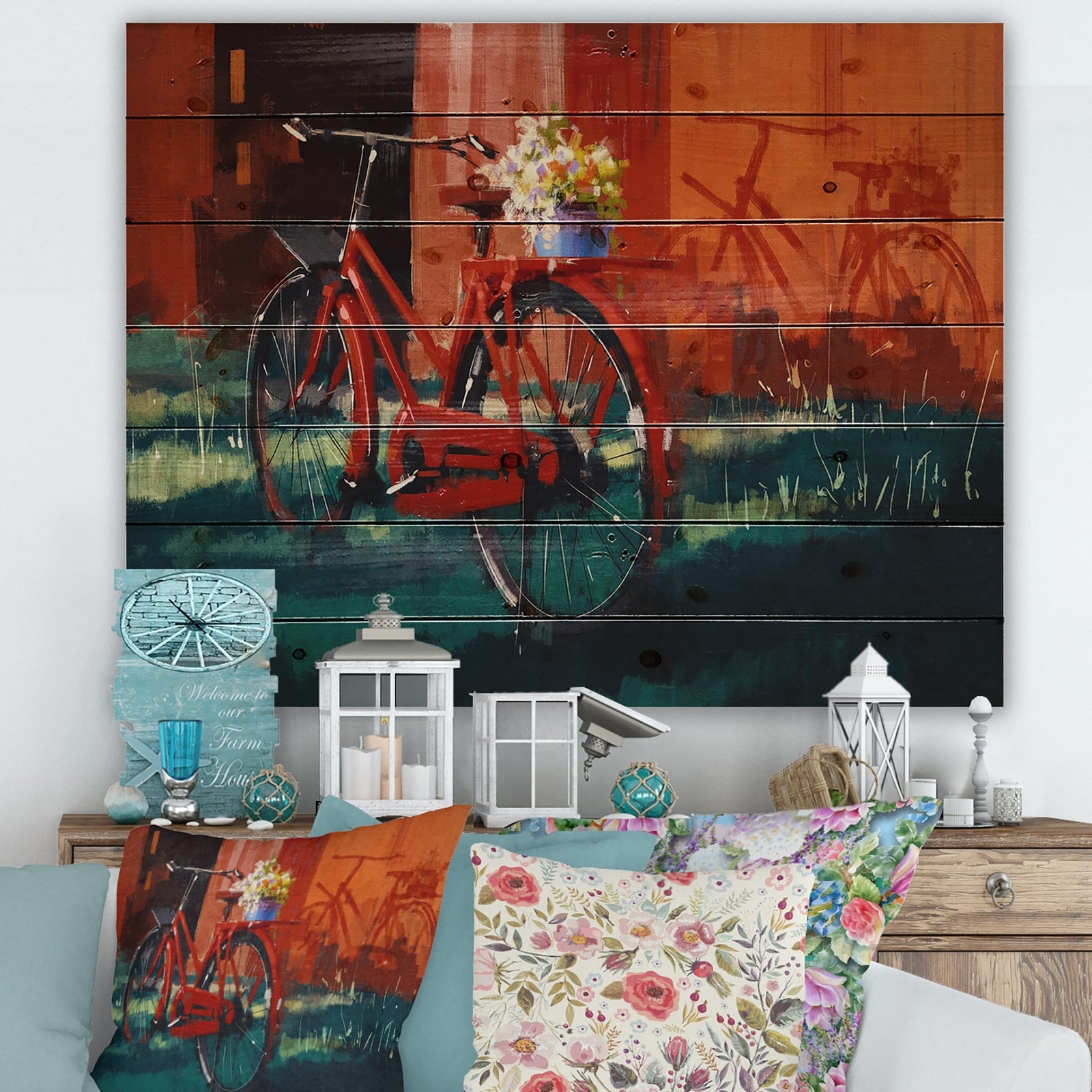 Designart 'Red VIntage Bicycle With Bucket' Vintage Print on