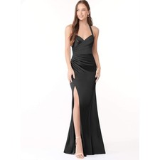 Azazie x Kendall+Kylie Black Halter Neck Ruched Bridesmaid Gown Bow Back Detail