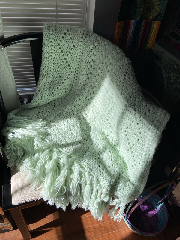 Handmade Afghan, Crochet Throw Blanlet, Sea Green, 61 X 48 In