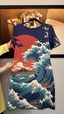 Women’s Multicolor T-Shirt Dress Graphic Wave Print Short Sleeve Round Neck