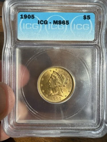 Gold Bullion 1905 $5 Liberty beautiful coin MS 65 ICG Graded value over $2,200