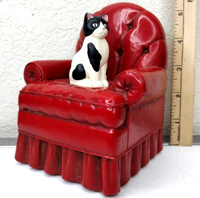 #ad 1980s Hallmark Cat on Red Chair Figurine Vintage 1989 Bamp;W Shorthair Kitty 5.25quot; $18.00