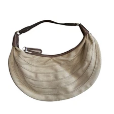 Liz Claiborne Hobo Bag Beige Canvas Purse Brown Leather Trim Shoulder Bag