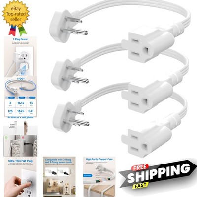 Flat Plug Short Extension Cord 1Ft White Low Profile Adapter 3 Prong Indoor S...