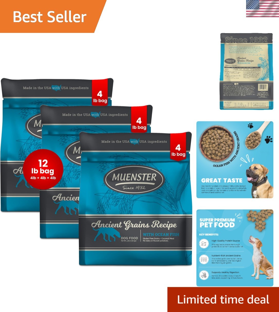 Ocean Fish Ancient Grains Dog Food, 12lb Pack of 3 - High Pr