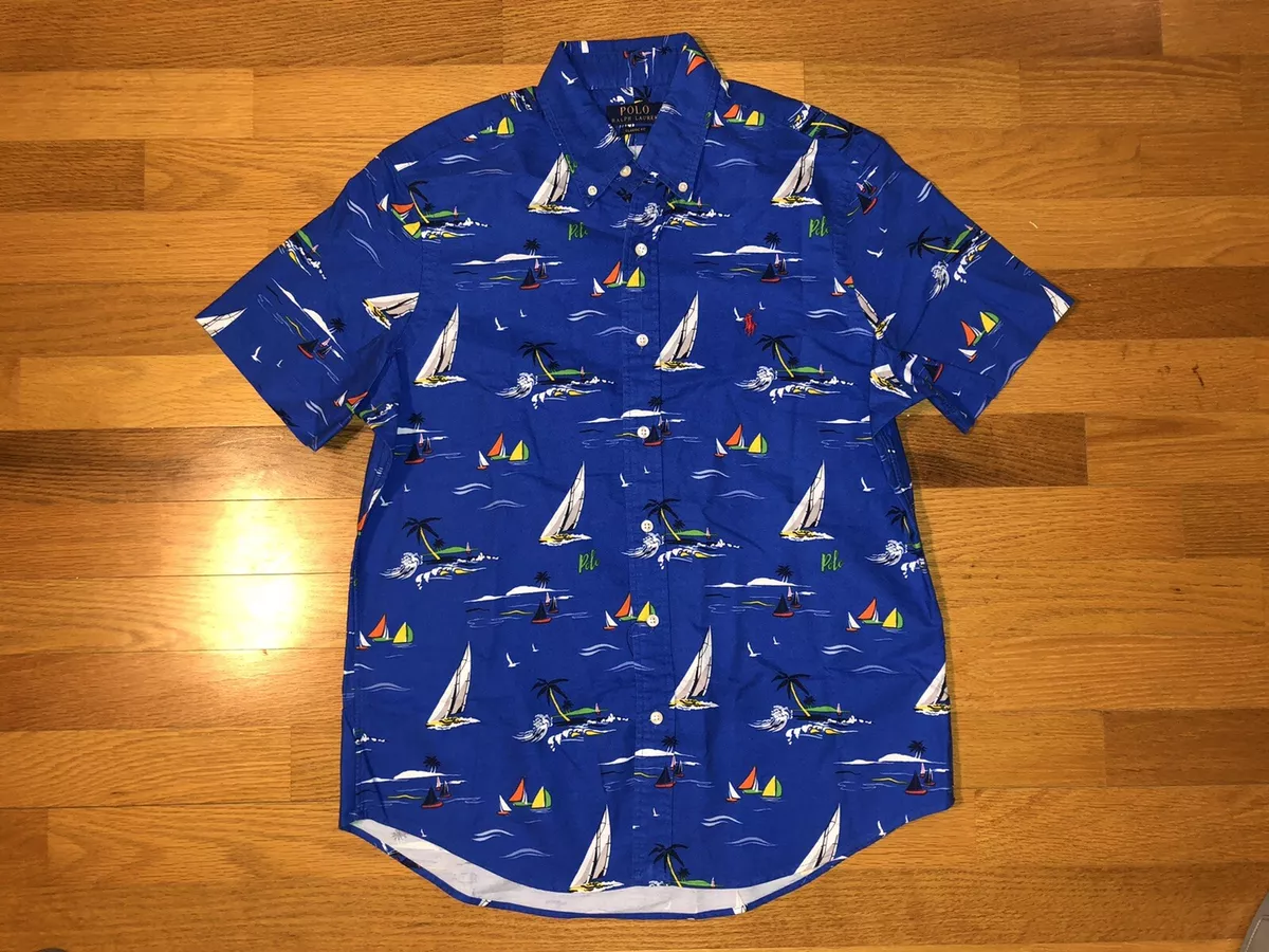 New M Polo Ralph Lauren Caldwell Hawaiian Blue Shirt Rayon Sail Boats  Swordfish