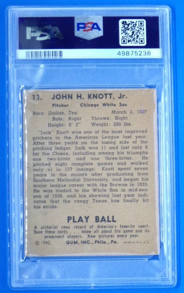 1940 Play Ball #13 Jack Knott Chicago White Sox PSA 3 - Image 2 of 2