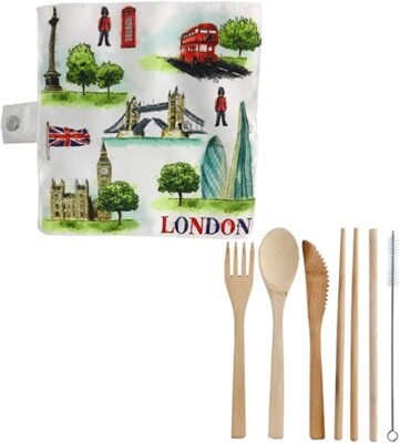 100% Natur Bambus Besteck 6 Stück Set in Canvas Halter Messer Gabel Löffel Kotelett