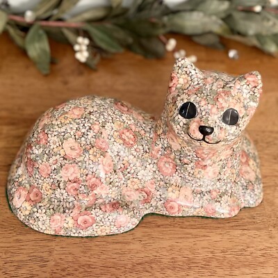 Vintage Ceramic Cat Pink Green Floral Chintz Kitten Lying Down