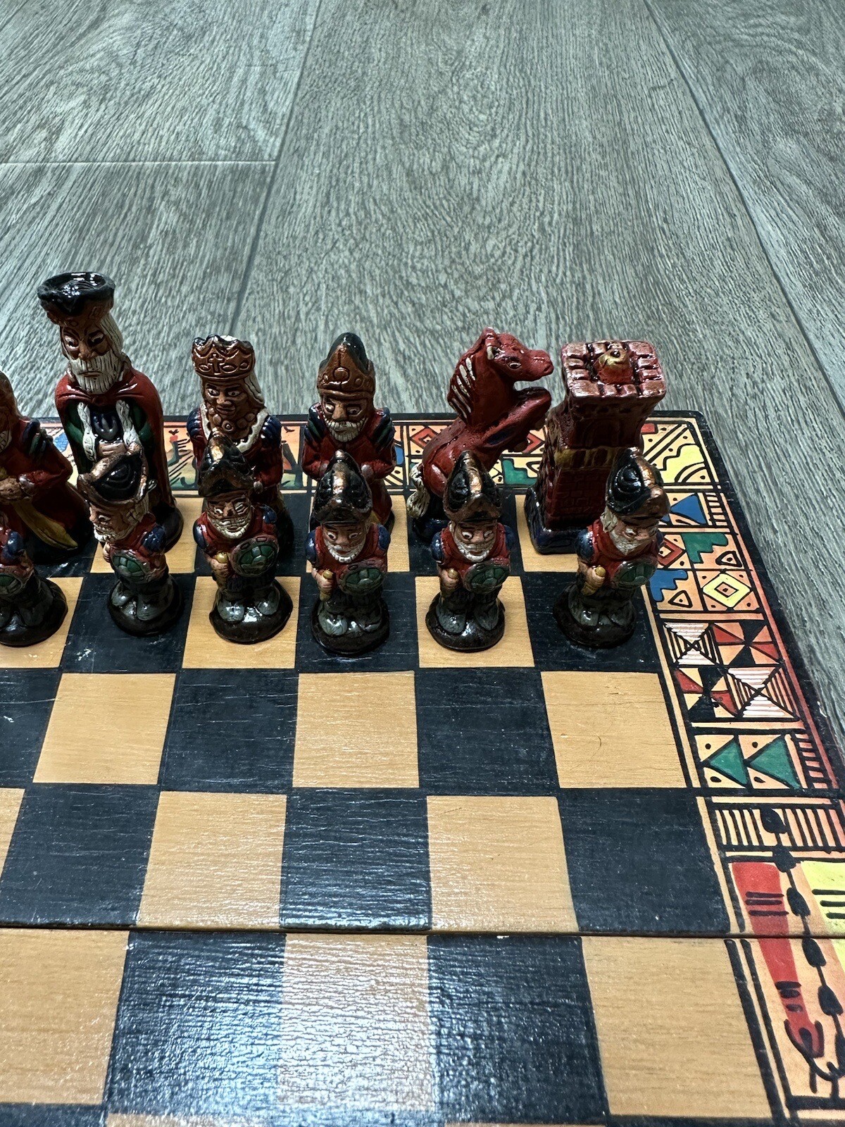 Vintage Hand Painted Ceramic Figure Chess Set With Wooden Chess Board