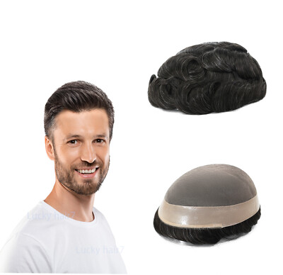 Mens Human Hair Replacement System Hairpiece Fine Mono Poly Skin Gent ToupeeGrey
