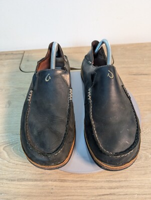 OluKai Moloa Black Leather Casual Slip On Shoes Men display picture 3