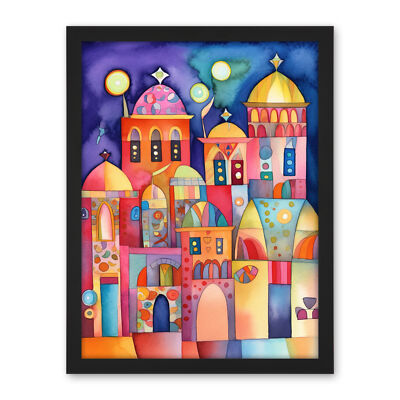 Brightly Decorated Buildings Night Modern Folk Art Framed Wall Art Print 18X24