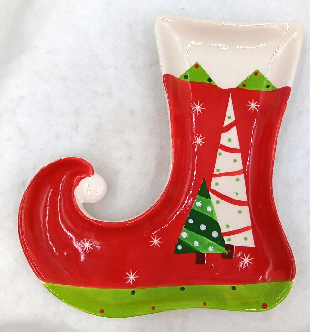 Ceramic Stocking Elf Shoe Tray Serving Dish Christmas Trees Food Safe Red Green