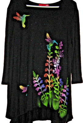 RAFFI Women S Black Hummingbirds in Flight Handpainted Floral Art  3/4 Slv Tunic