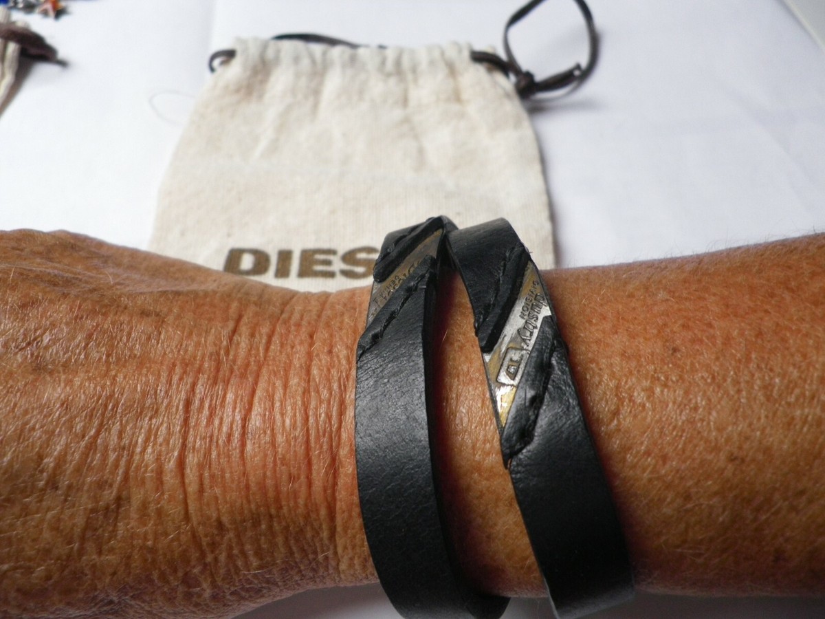 Bracelet Diesel Double Tour En Cuir Noir Effet Vieilli - Homme - Neuf Avec étiquettes - Style Vintage
