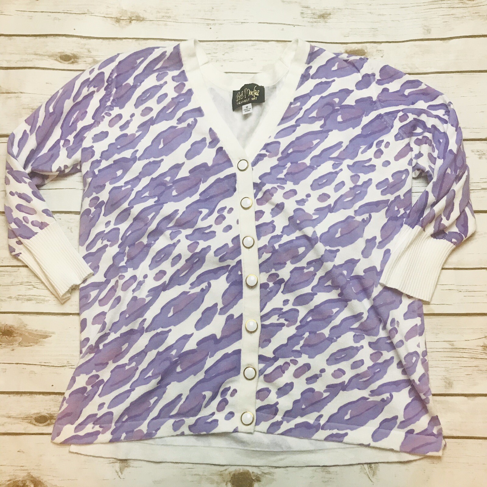 Cárdigan Suéter para mujer Bob Mackie blanco púrpura estampado animal cuello en V botones-image