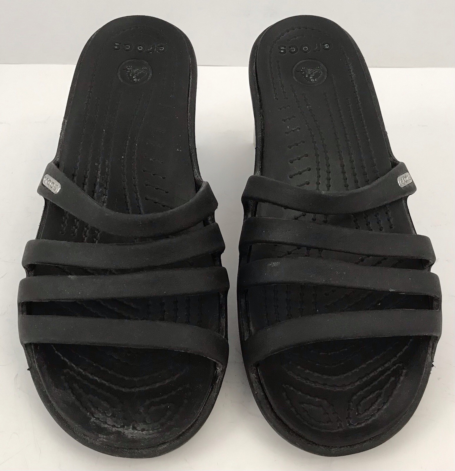 Crocs Women’s Strappy Rhonda Wedge Slip On Black Slide Sandals 14706 Size 7