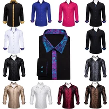 Barry Wang Fashion Mens Shirt Long Sleeve Blue White Black Button Tops Regular