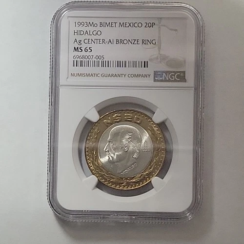Mexico 1993 Hidalgo 20 Nuevos Pesos Bi-Metalic Silver.925 Ngc MS65 Coin # (218)