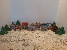 The Cat’s Meow Village CHRISTMAS ORNAMENTS Set of 14 Wood Block Homes